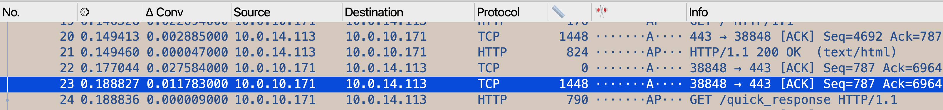 Packet list showing a decypted HTTP Request